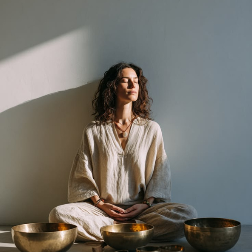 Woman meditating with singing bowls in a softly lit room
